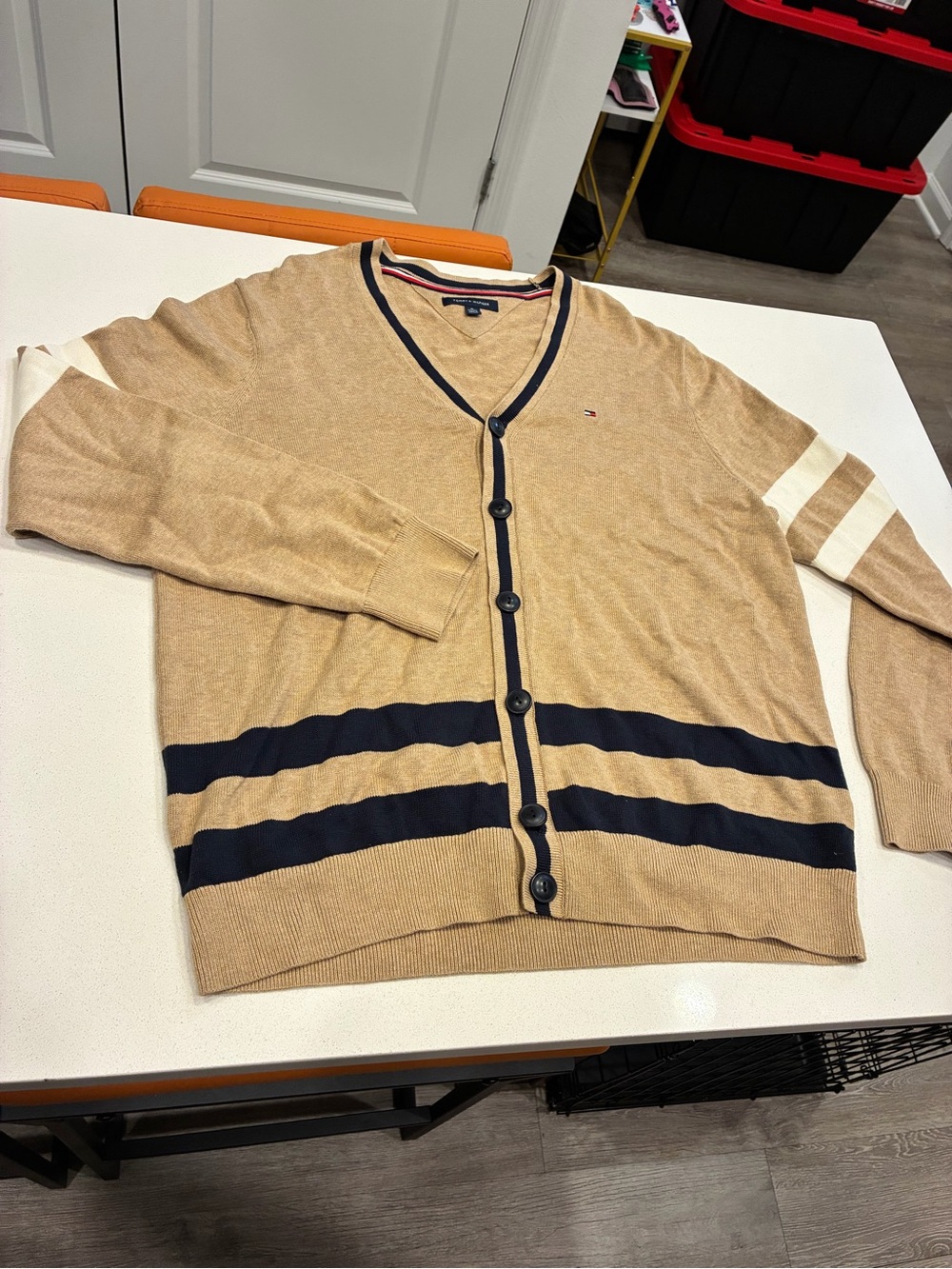 Tommy Hilfiger Men's Tan Cardigan with Navy and White Stripes